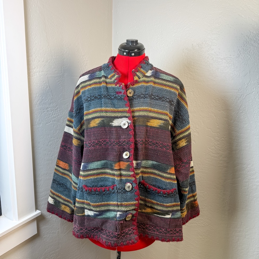 Vintage Coldwater Creek Boho Tapestry Southwest Blanket Jacket Cardigan Size XL